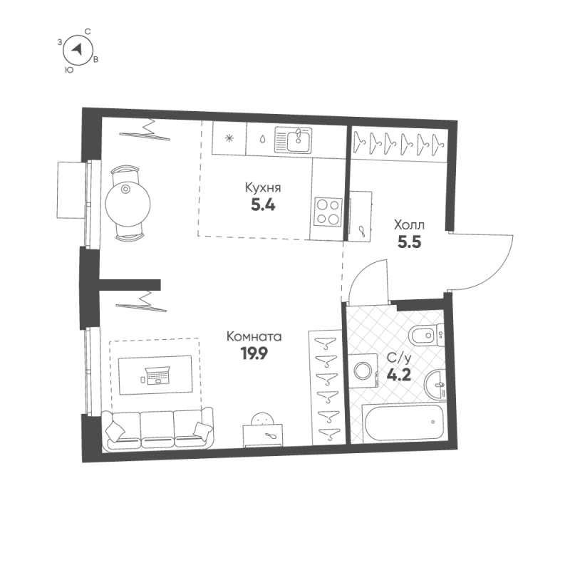 Студия 35 м²