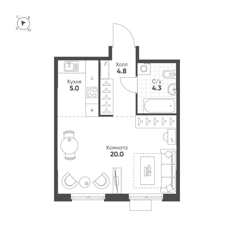 Студия 34,1 м²