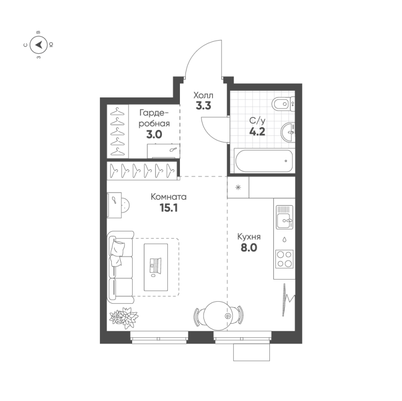 Студия 33,6 м²