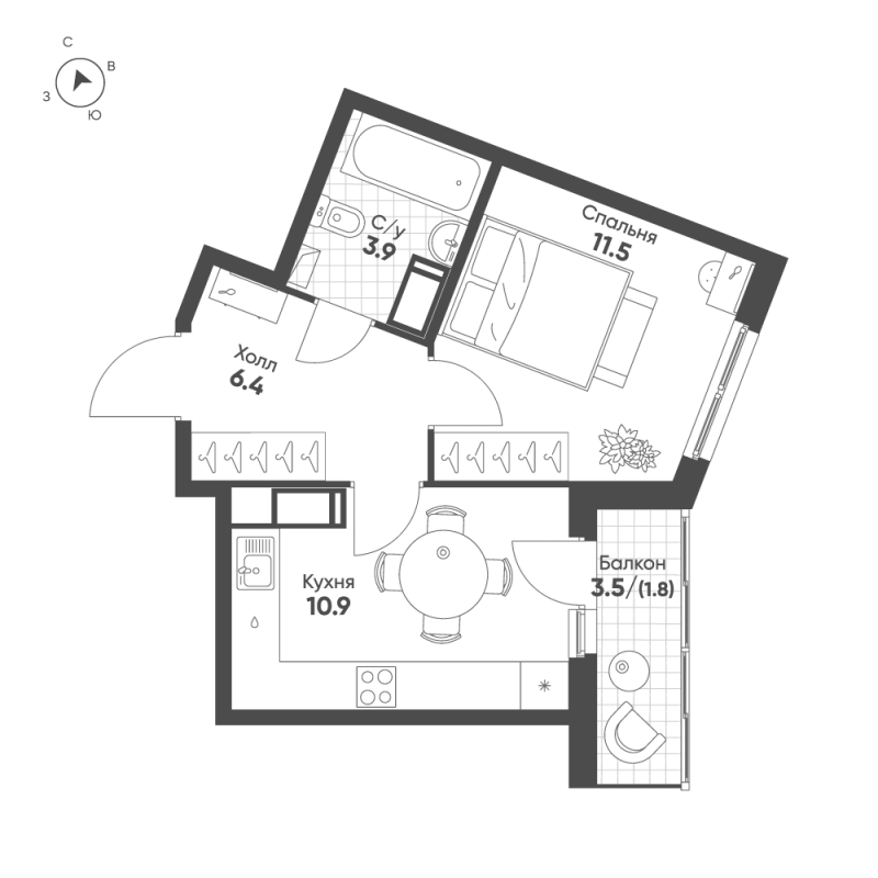 1 ккв 34,5 м²