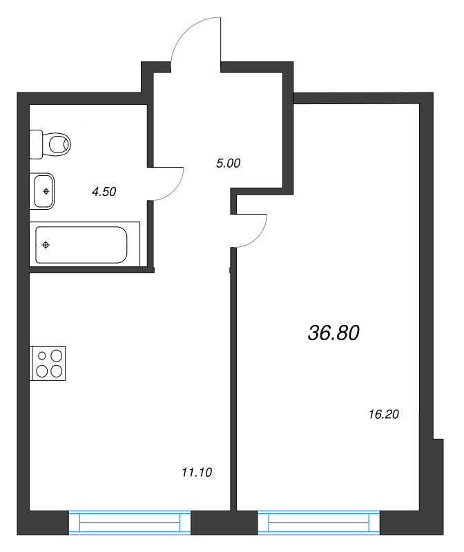 1 ккв 36,8 м²