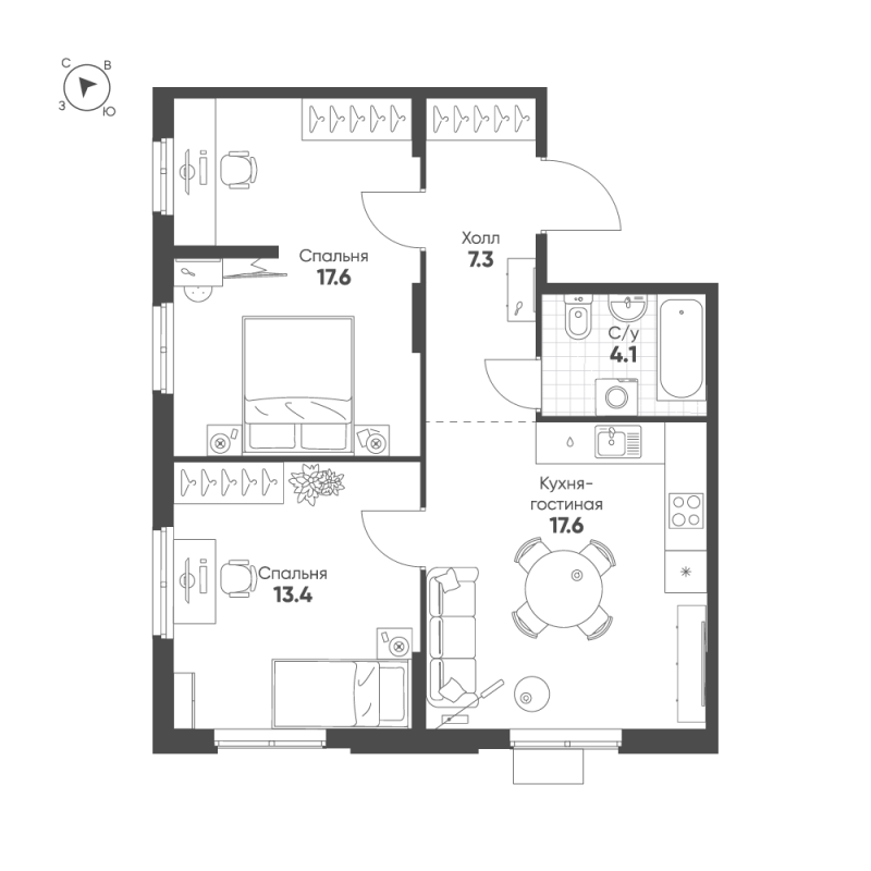 3 ккв (Евро) 60 м²