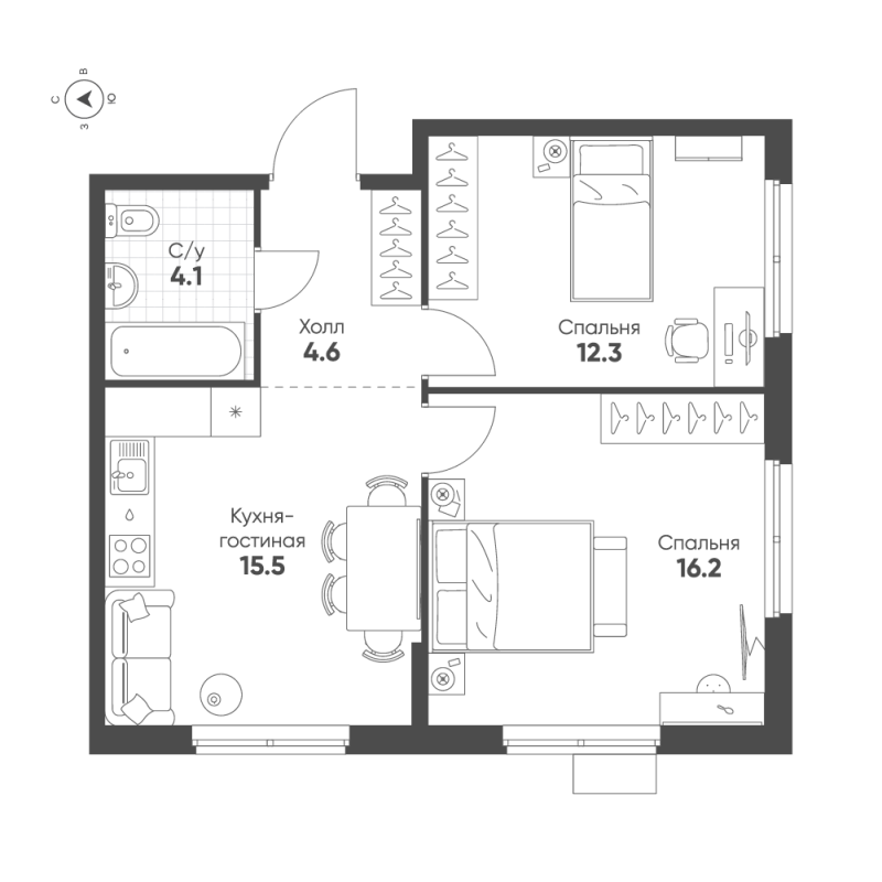 3 ккв (Евро) 52,7 м²