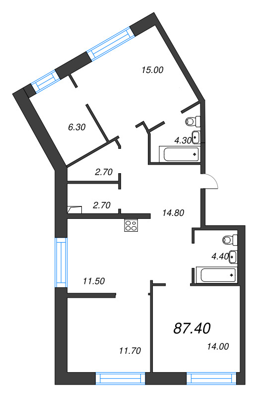 3 ккв (Евро) 87,4 м²