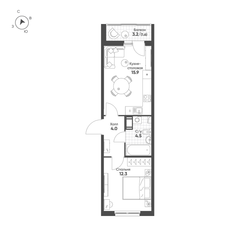 2 ккв (Евро) 38,3 м²