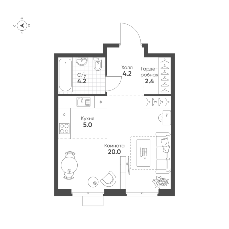 Студия 35,8 м²