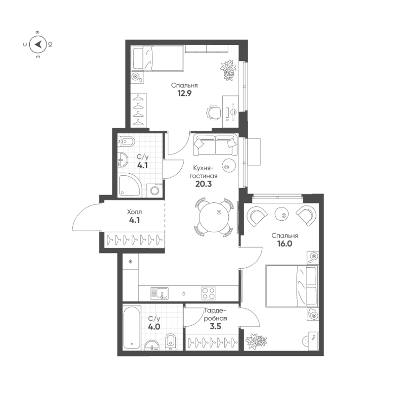 3 ккв (Евро) 64,9 м²