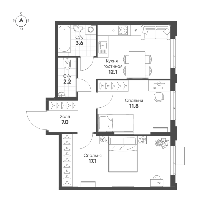 2 ккв 53,8 м²