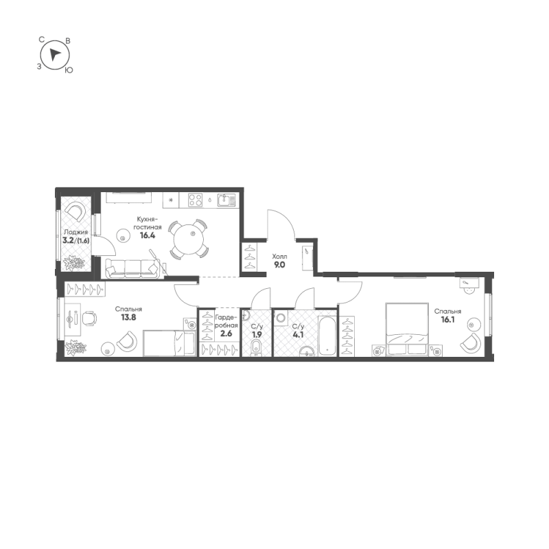 3 ккв (Евро) 65,5 м²