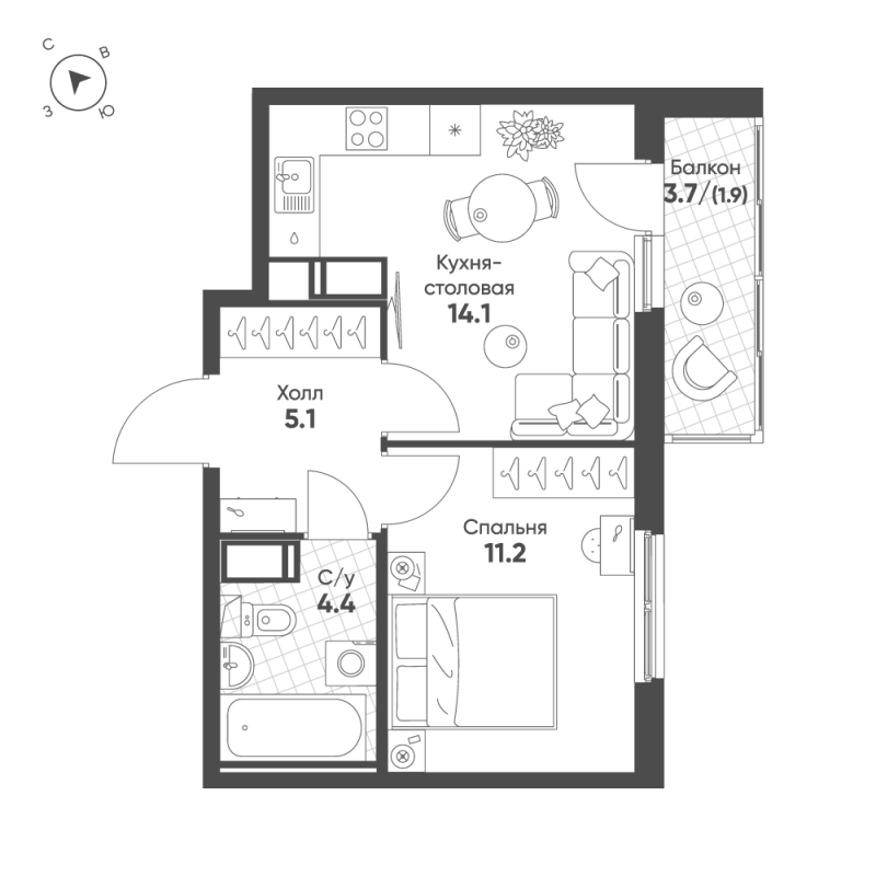 1 ккв 36,7 м²