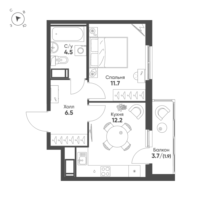 1 ккв 36,8 м²