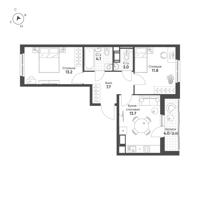 2 ккв 54,5 м²