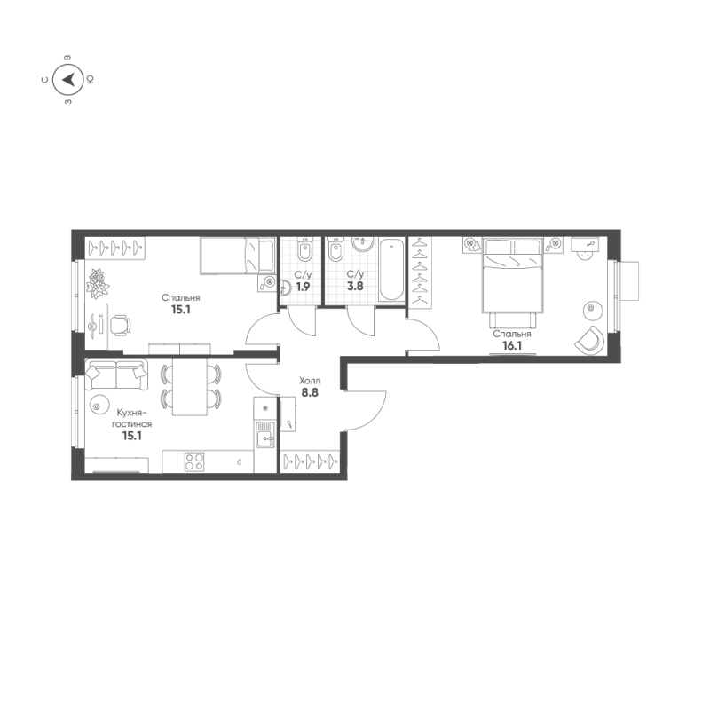 3 ккв (Евро) 60,8 м²