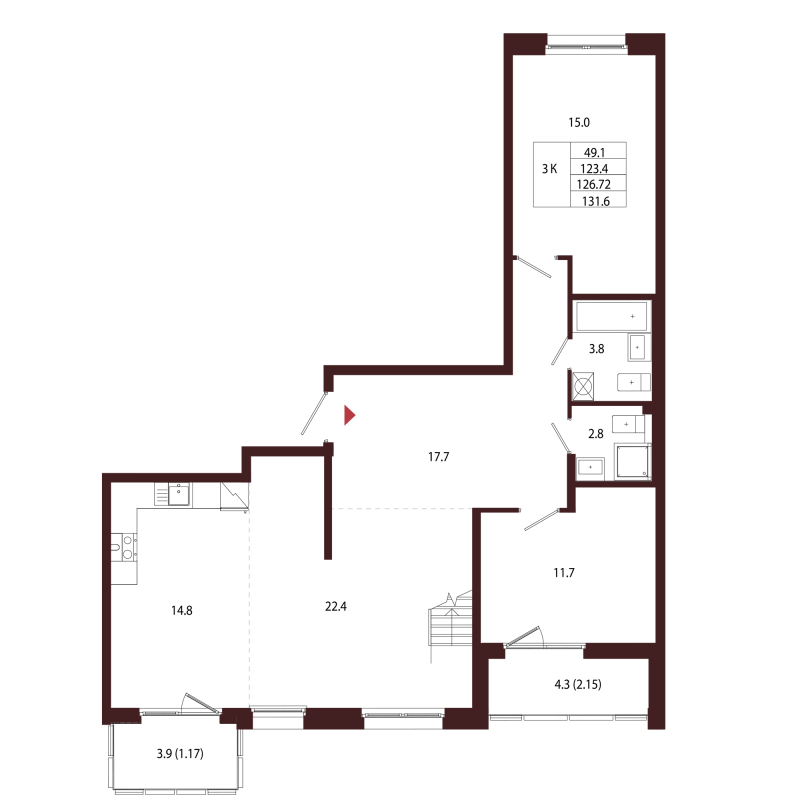 3 ккв 126,7 м²