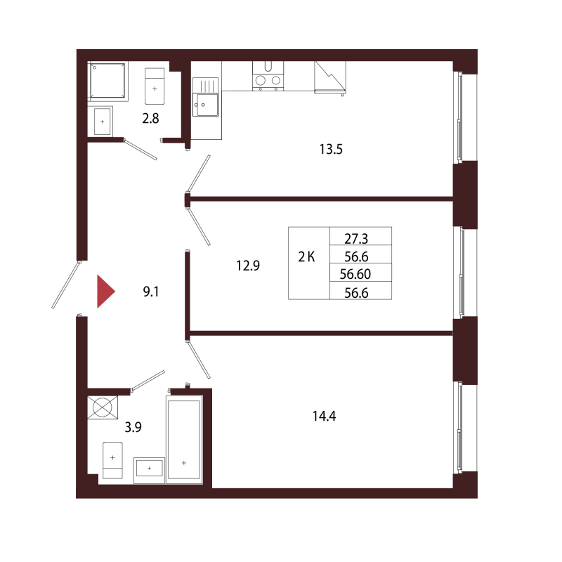 2 ккв 56,6 м²