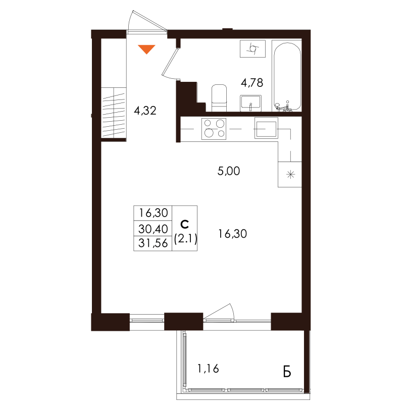 Студия 31,6 м²