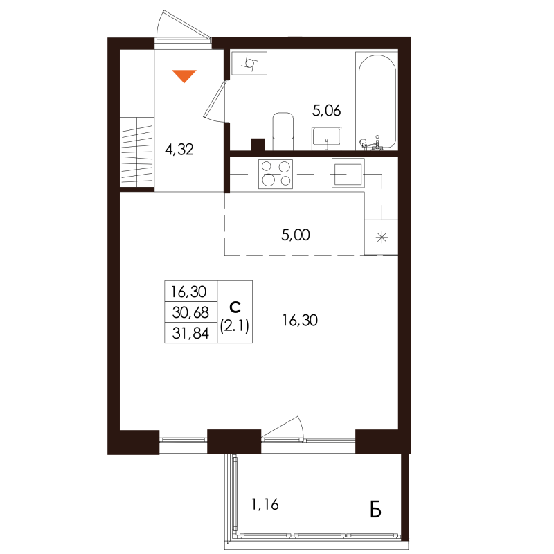 Студия 31,8 м²