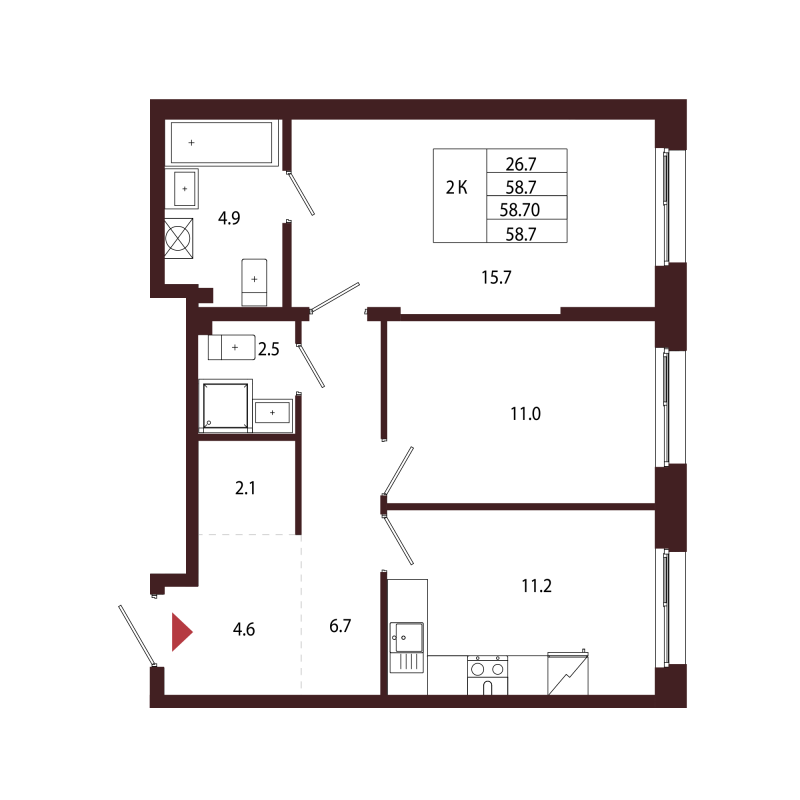 2 ккв 58,7 м²