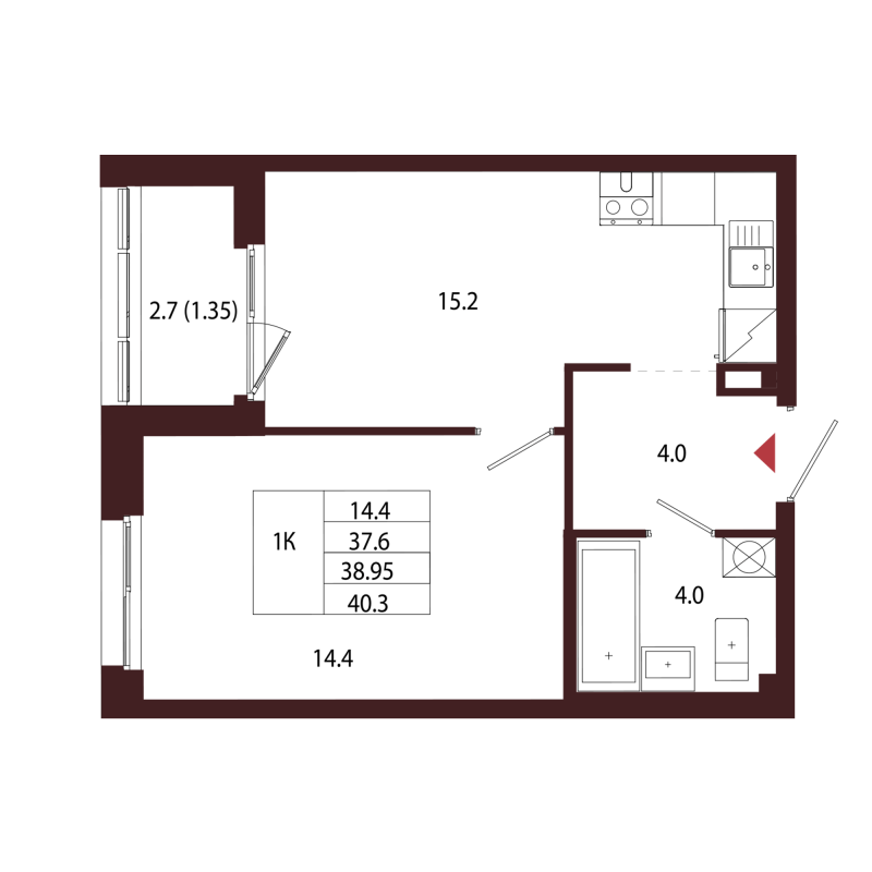 2 ккв (Евро) 39 м²