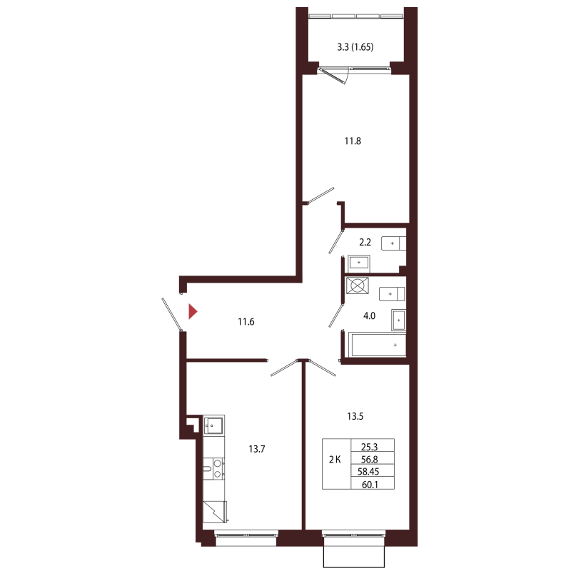 2 ккв 58,5 м²