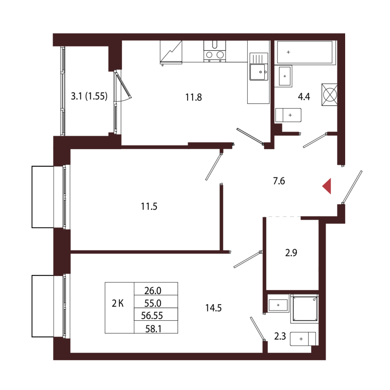 2 ккв 56,6 м²