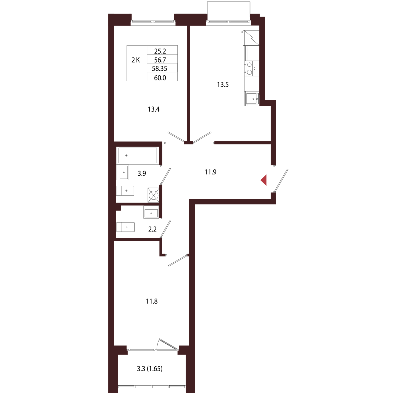 2 ккв 58,4 м²
