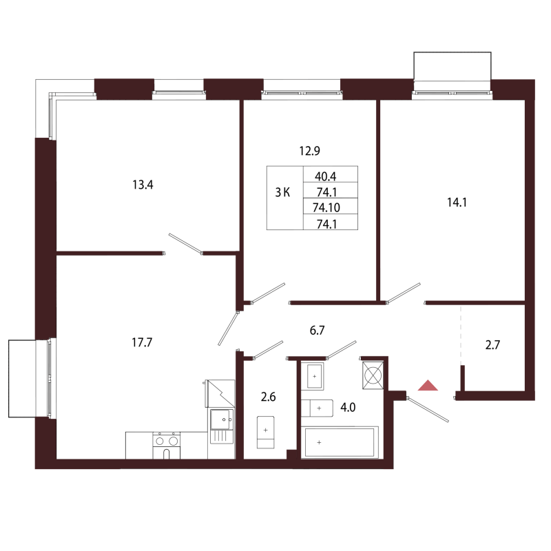 4 ккв (Евро) 74,1 м²