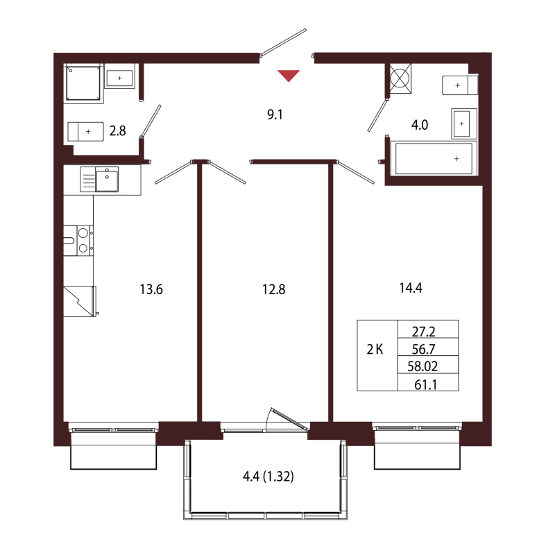 2 ккв 58 м²
