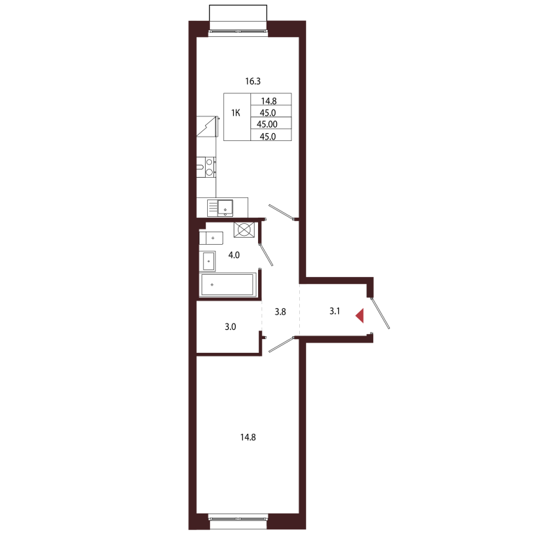 2 ккв (Евро) 45 м²