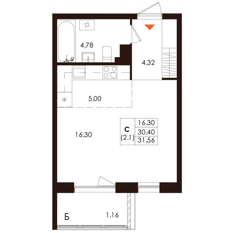 Студия 31,6 м²