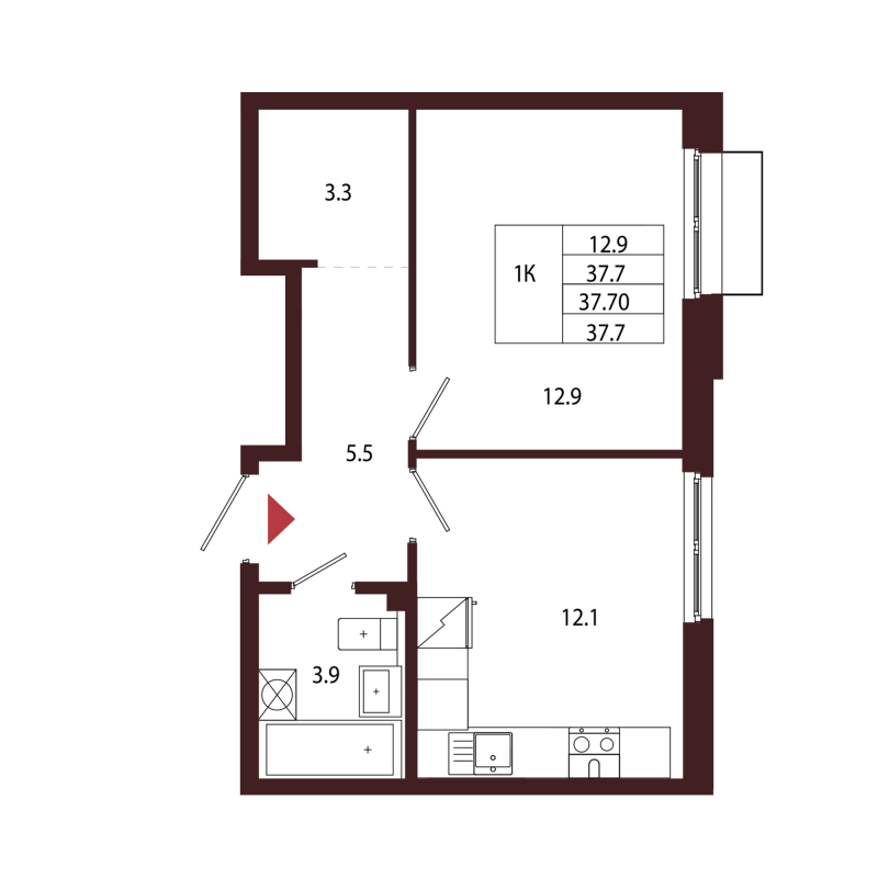 1 ккв 37,7 м²