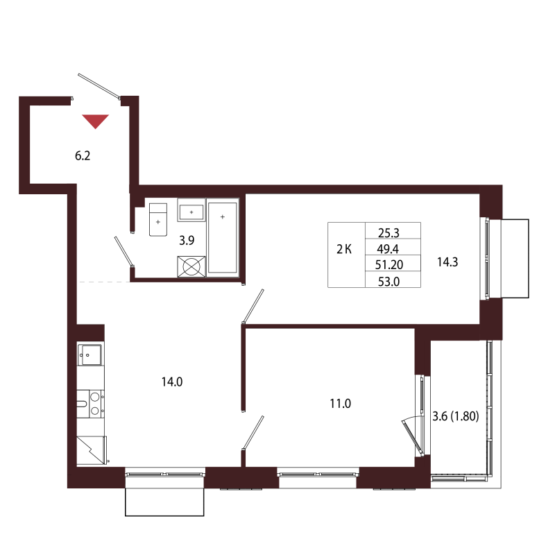 2 ккв 51,2 м²