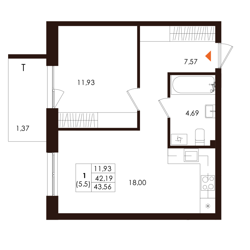 2 ккв (Евро) 43,6 м²