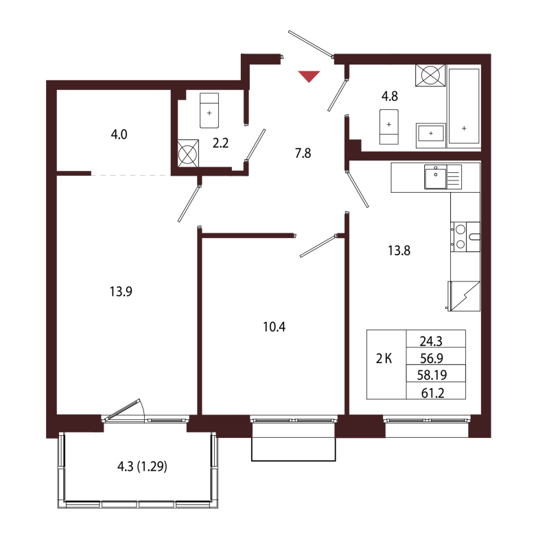 2 ккв 58,2 м²