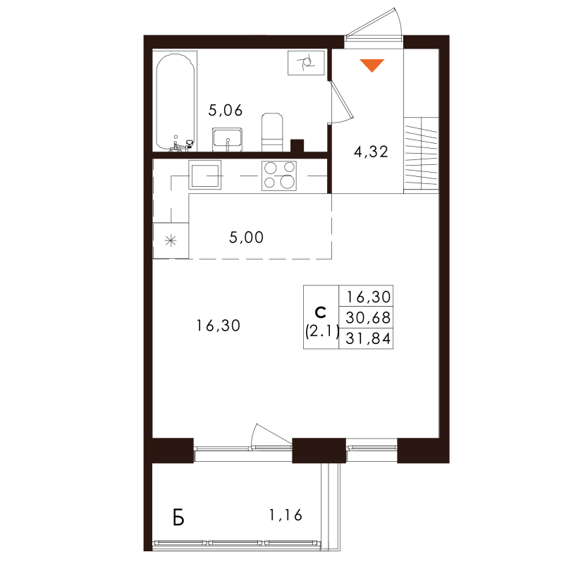 Студия 31,8 м²