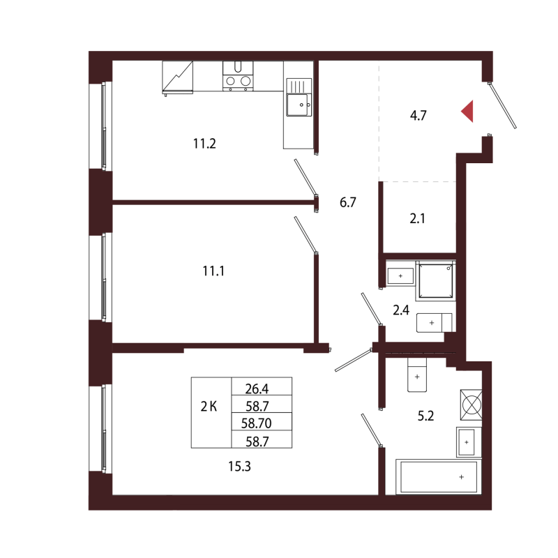 2 ккв 58,7 м²