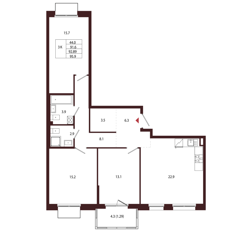 4 ккв (Евро) 92,9 м²