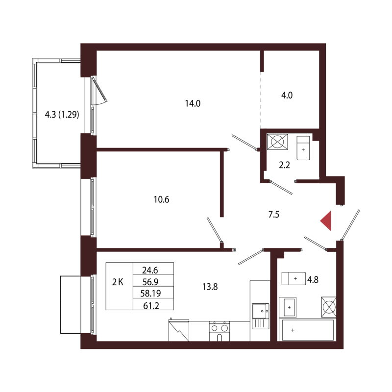2 ккв 58,2 м²