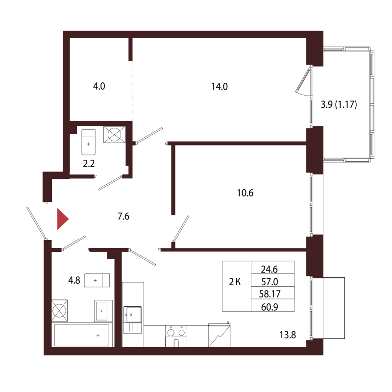 2 ккв 58,2 м²