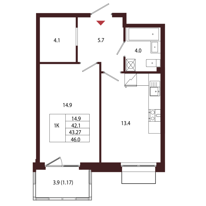 1 ккв 43,3 м²