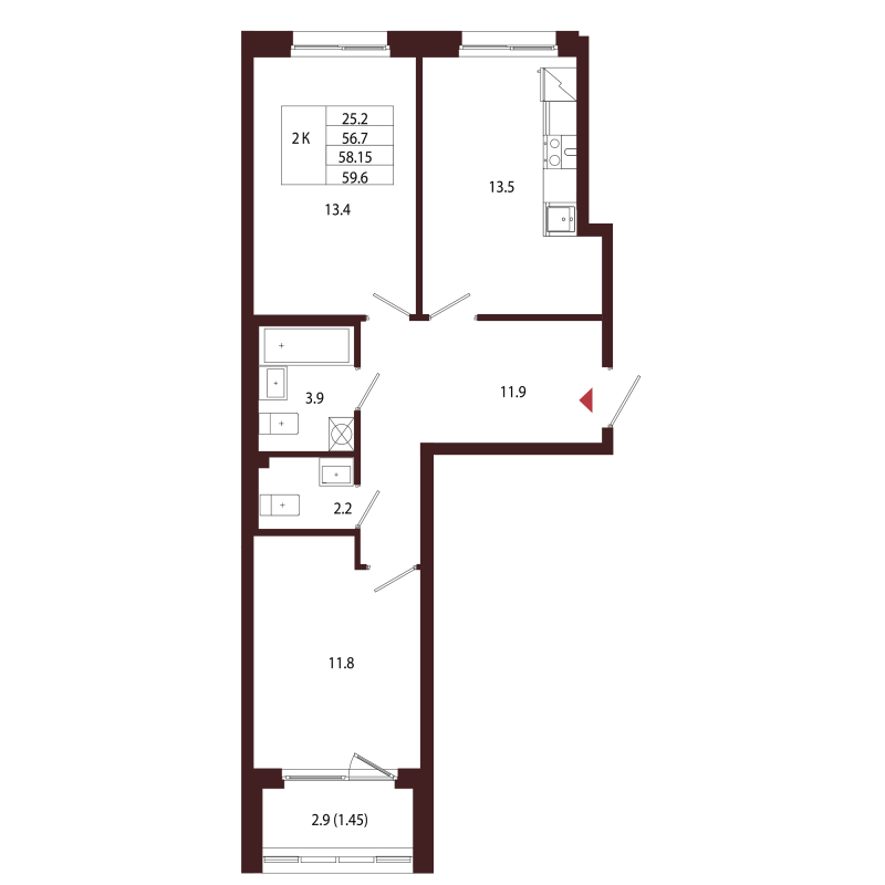 2 ккв 58,2 м²