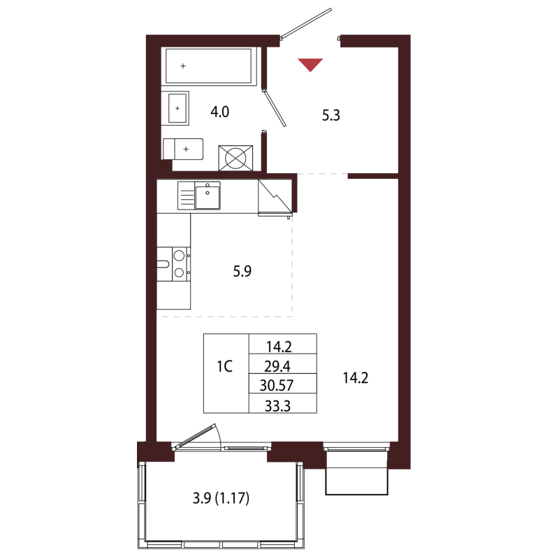 Студия 30,6 м²