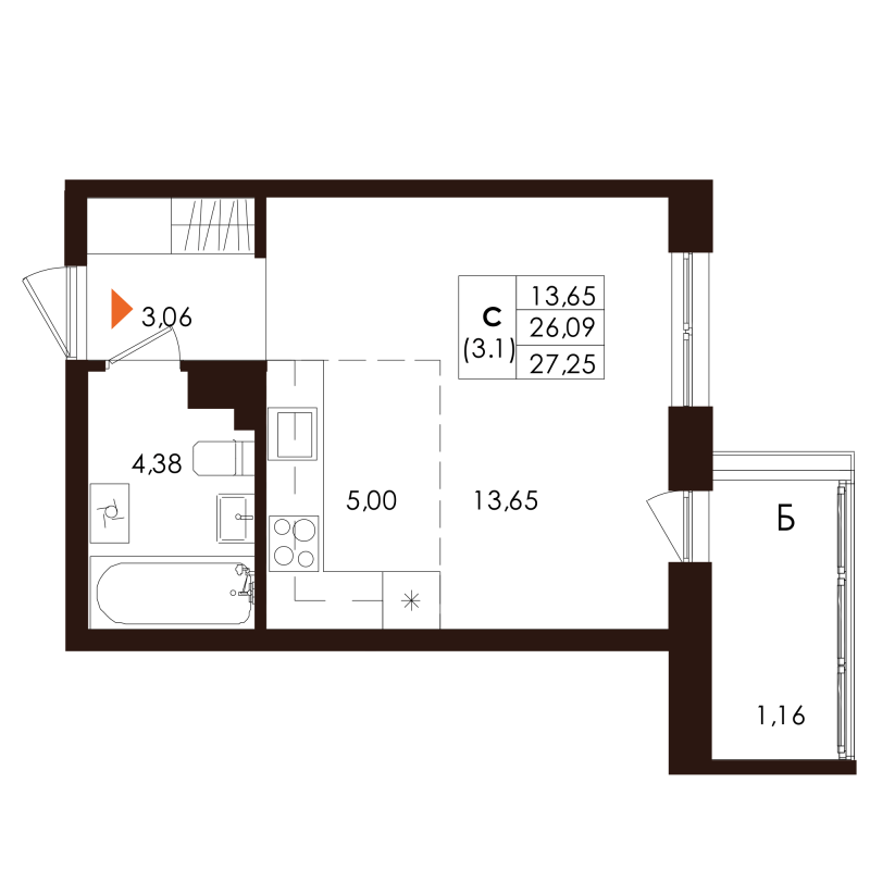 Студия 27,3 м²