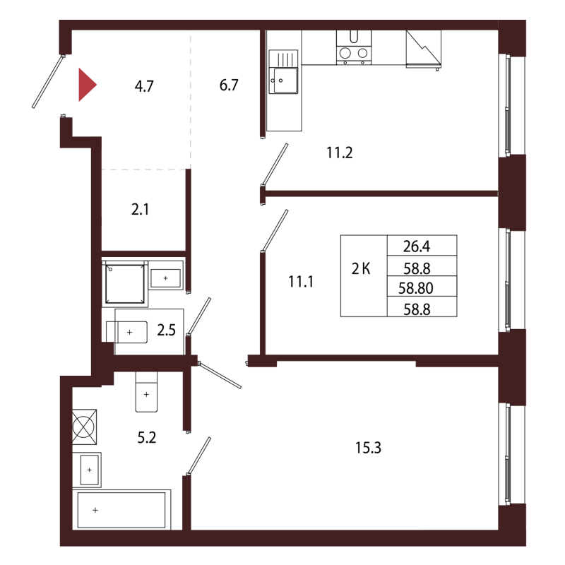 2 ккв 58,8 м²