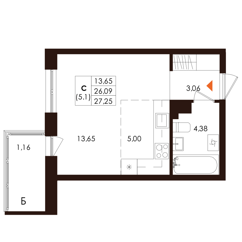 Студия 27,3 м²