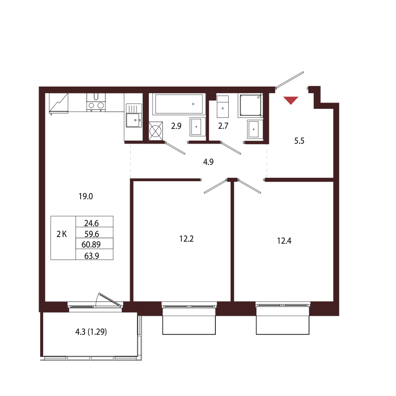 3 ккв (Евро) 60,9 м²