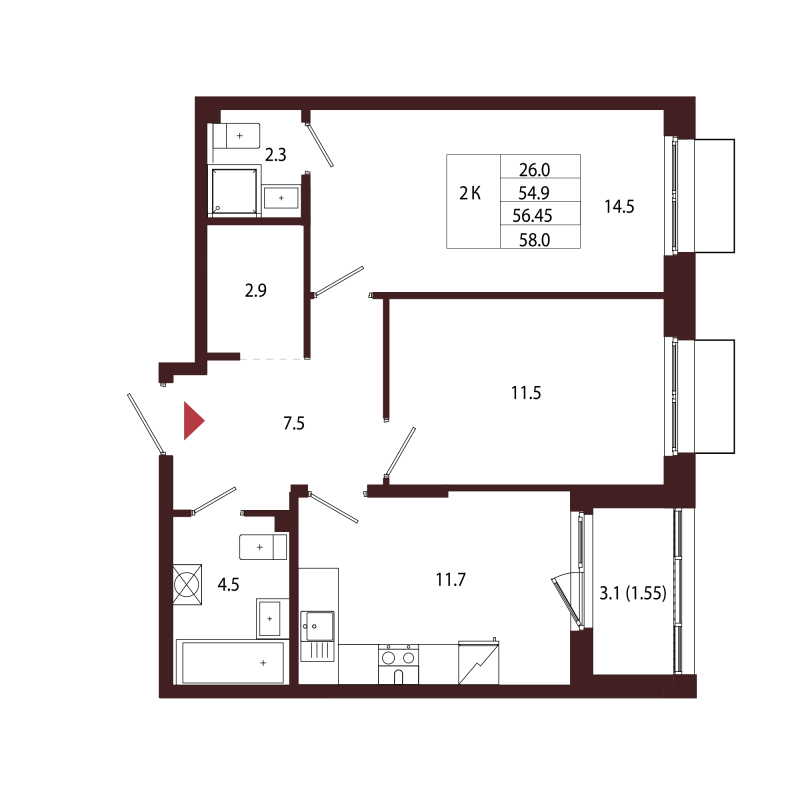 2 ккв 56,5 м²