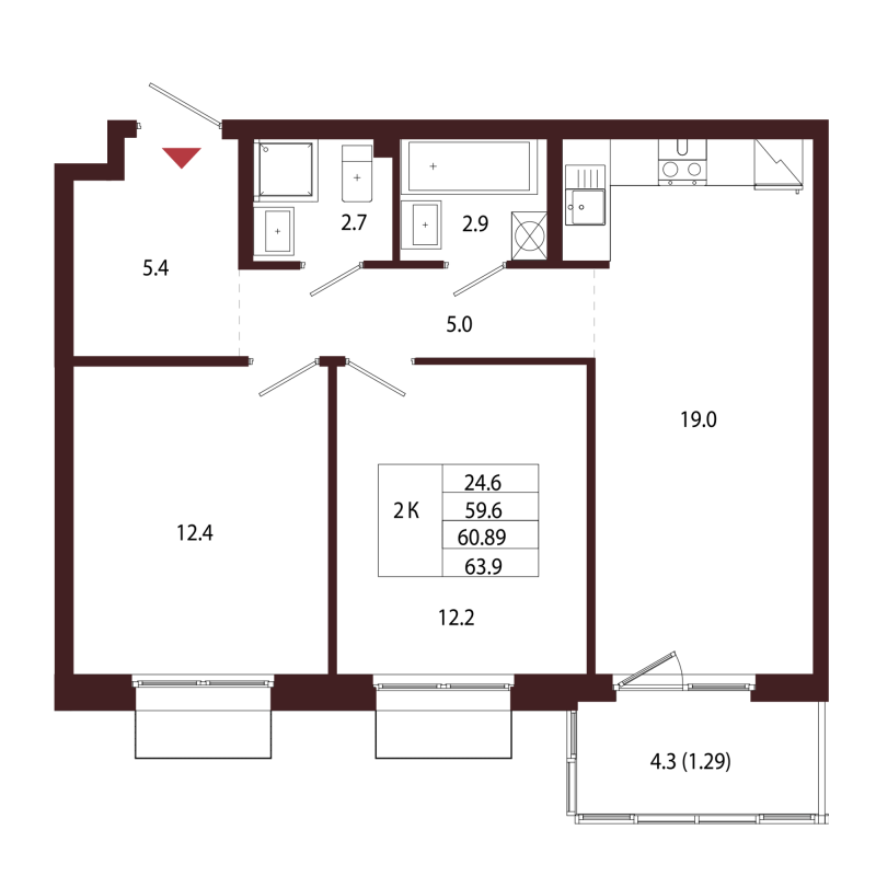 3 ккв (Евро) 60,9 м²