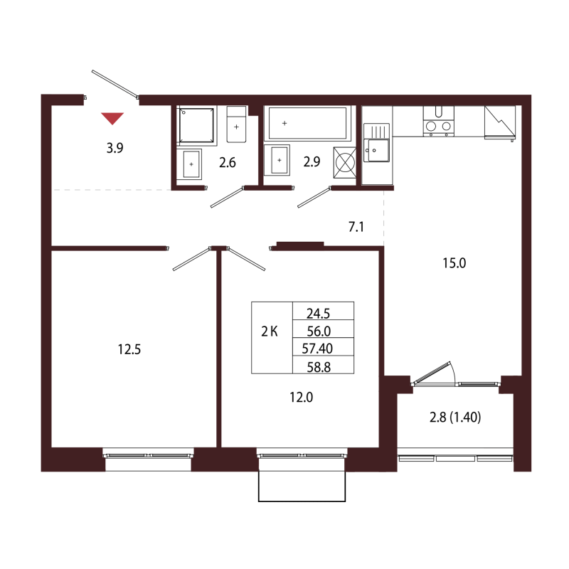 3 ккв (Евро) 57,4 м²