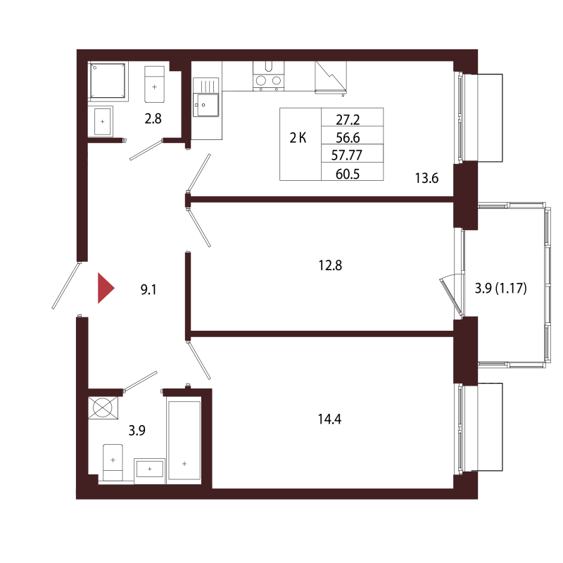 2 ккв 57,8 м²
